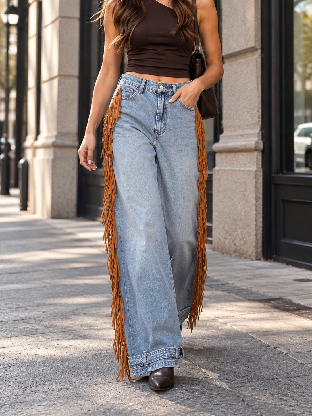 Baggy jean con flecos — vista frontal